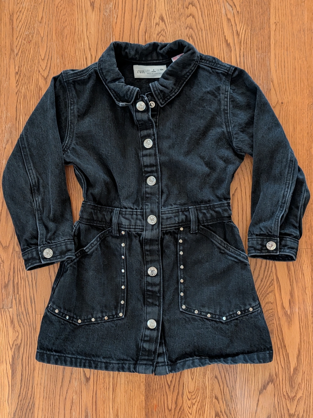 Zara Kids Girls Black Denim Dress Button Down Studded Details